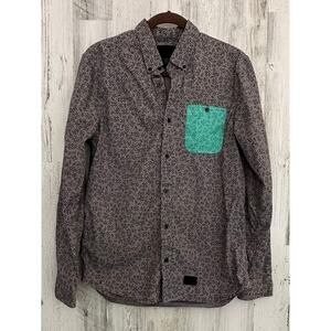 Vans OTW Off The Wall Mens Shirt Sz Medium Gray Geometric Print Turquoise Pocket